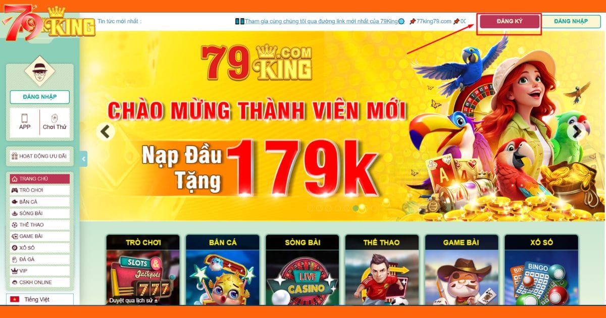 Từ sảnh chính nhấn nút đăng ký trên trang chủ 79KING