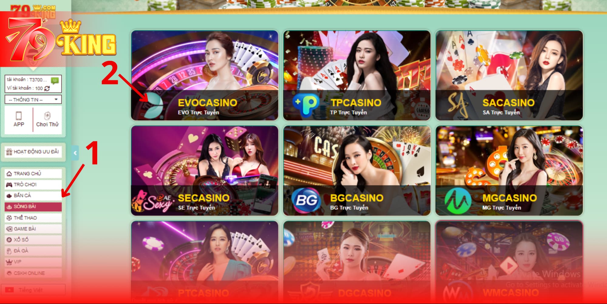 Chọn trò chơi tại sòng bài 79KING